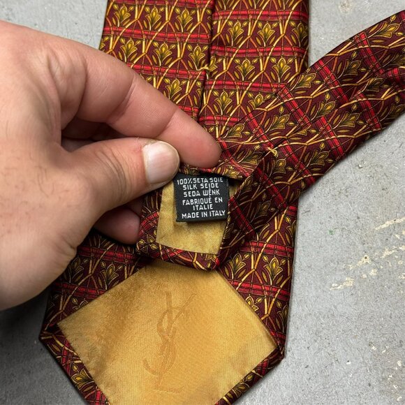 Yves Saint Laurent Tie 100% Silk Satin Made in Italy Geometric Bronze 4" - Picture 6 of 6
